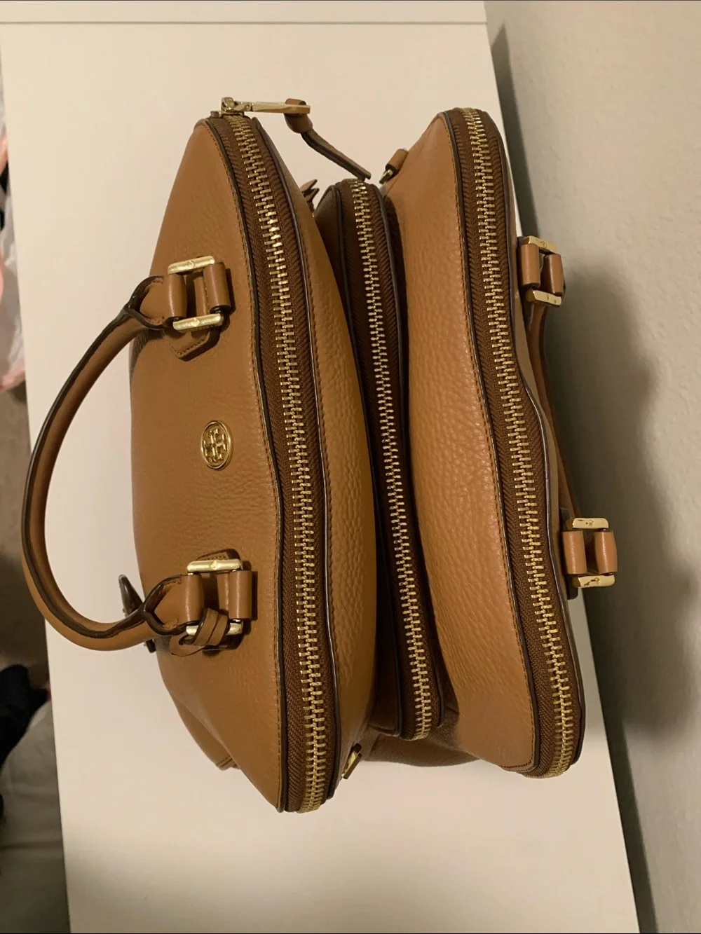 Tory Burch Robinson Camel Brown Pebbled Leather Satchel with Gold Logo
